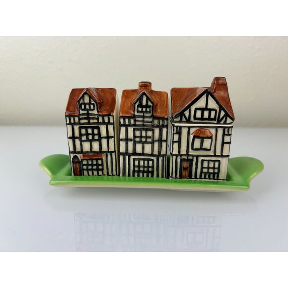 Beswick England 1940s Tudor-Style Cottages Salt Pepper & Sugar Set on Tray VTG - Picture 2 of 16